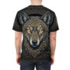 Intricate gold Norse knotwork and a glowing-eyed wolf cover this shirt in a seamless pattern, ensuring the design wraps completely around the fabric surface.