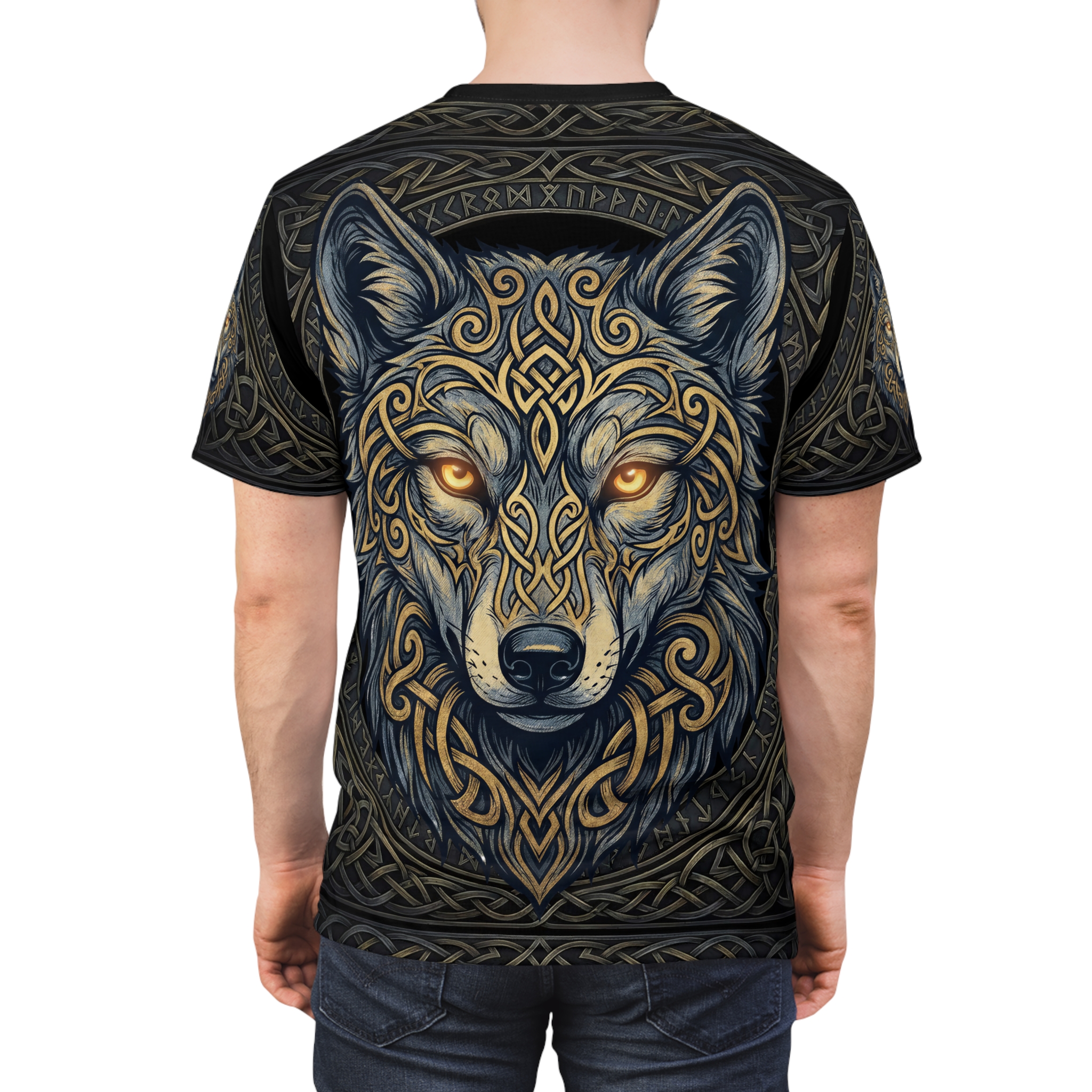 Intricate gold Norse knotwork and a glowing-eyed wolf cover this shirt in a seamless pattern, ensuring the design wraps completely around the fabric surface.