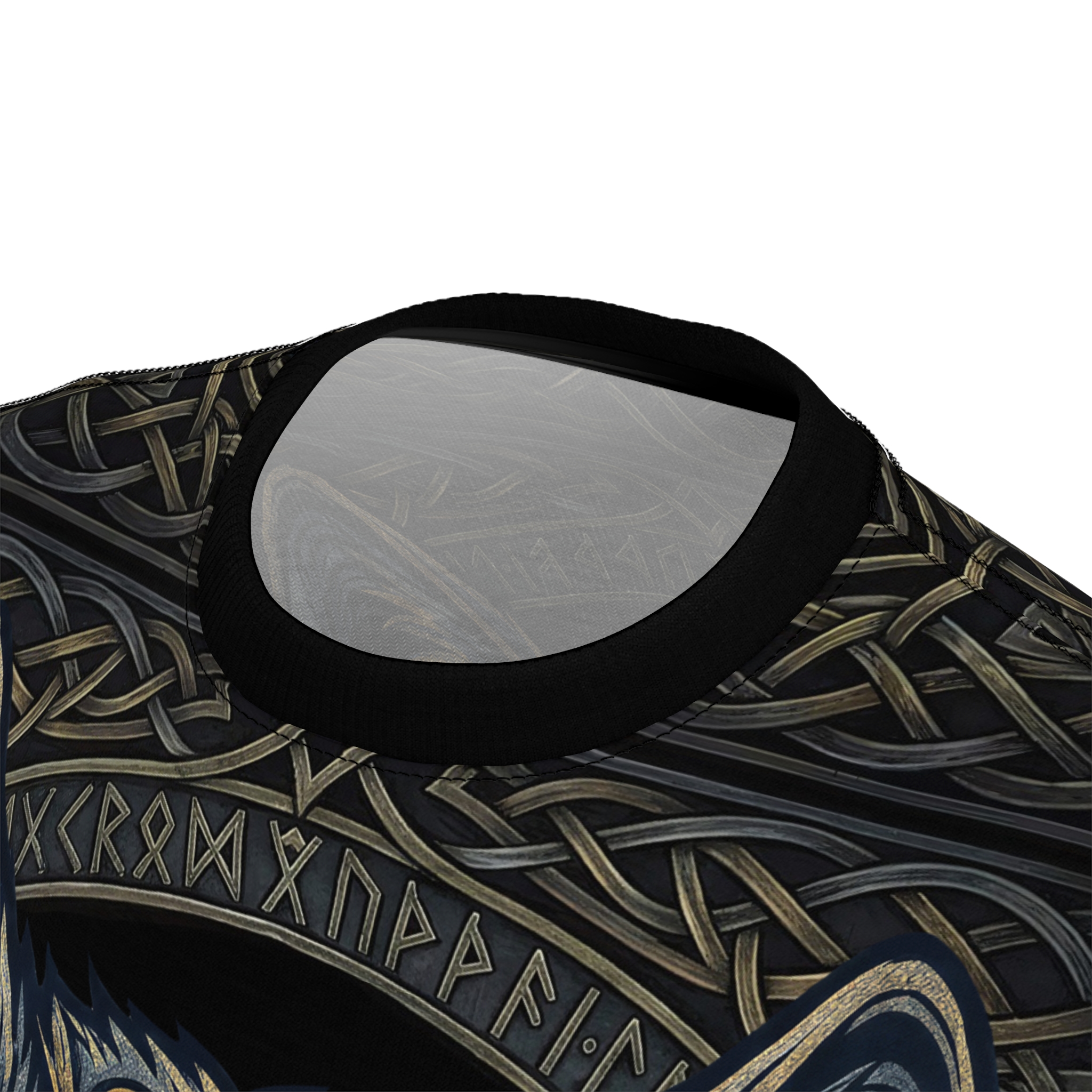 Intricate Norse knotwork and runic patterns flow across this t-shirt with a 360-degree graphic that covers every inch of the fabric from neck to hem.