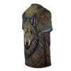 Ornate golden Norse knotwork and a detailed wolf face cover this garment with a 360-degree graphic that flows seamlessly from front to back.
