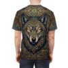 Intricate gold Norse knots frame the glowing eyes of this wolf in an all-over print that wraps the ornate design across the entire surface of the garment.