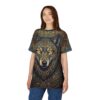 Intricate gold Celtic knots wrap around this Norse wolf face with a 360-degree graphic that covers every inch of the fabric for a bold, continuous visual.