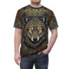Intricate Norse wolf artwork flows across every inch of this t-shirt using an all-over print that seamlessly connects the golden Celtic patterns from front to back.