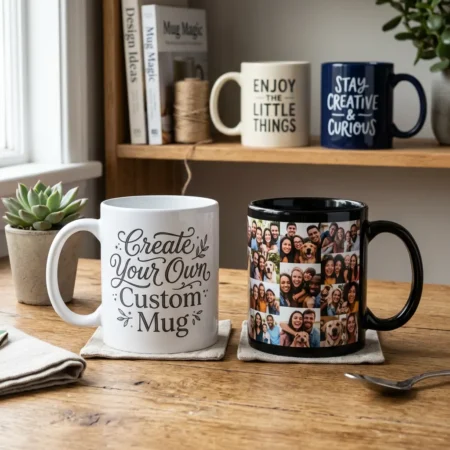 Black and white custom mug designer tool showing real-time preview of personalized design on gloss black ceramic mug