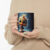 Bright yellow duckling graphics with a tiny plaid belt wrap around this glossy ceramic mug, set against a dark rainy background for a smooth, vibrant finish.
