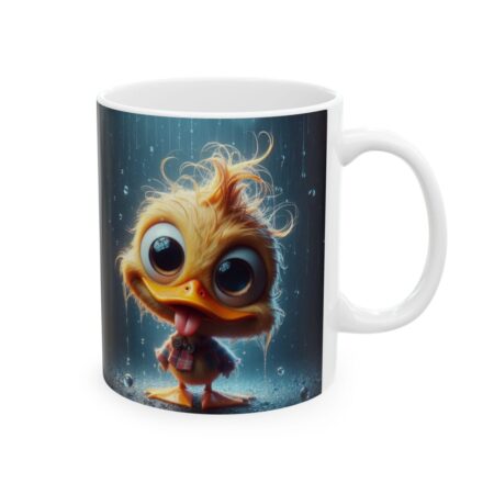 Vibrant yellow duckling with messy feathers and a plaid shirt with a tiny belt print stands in the rain on this smooth, glossy white ceramic coffee mug.