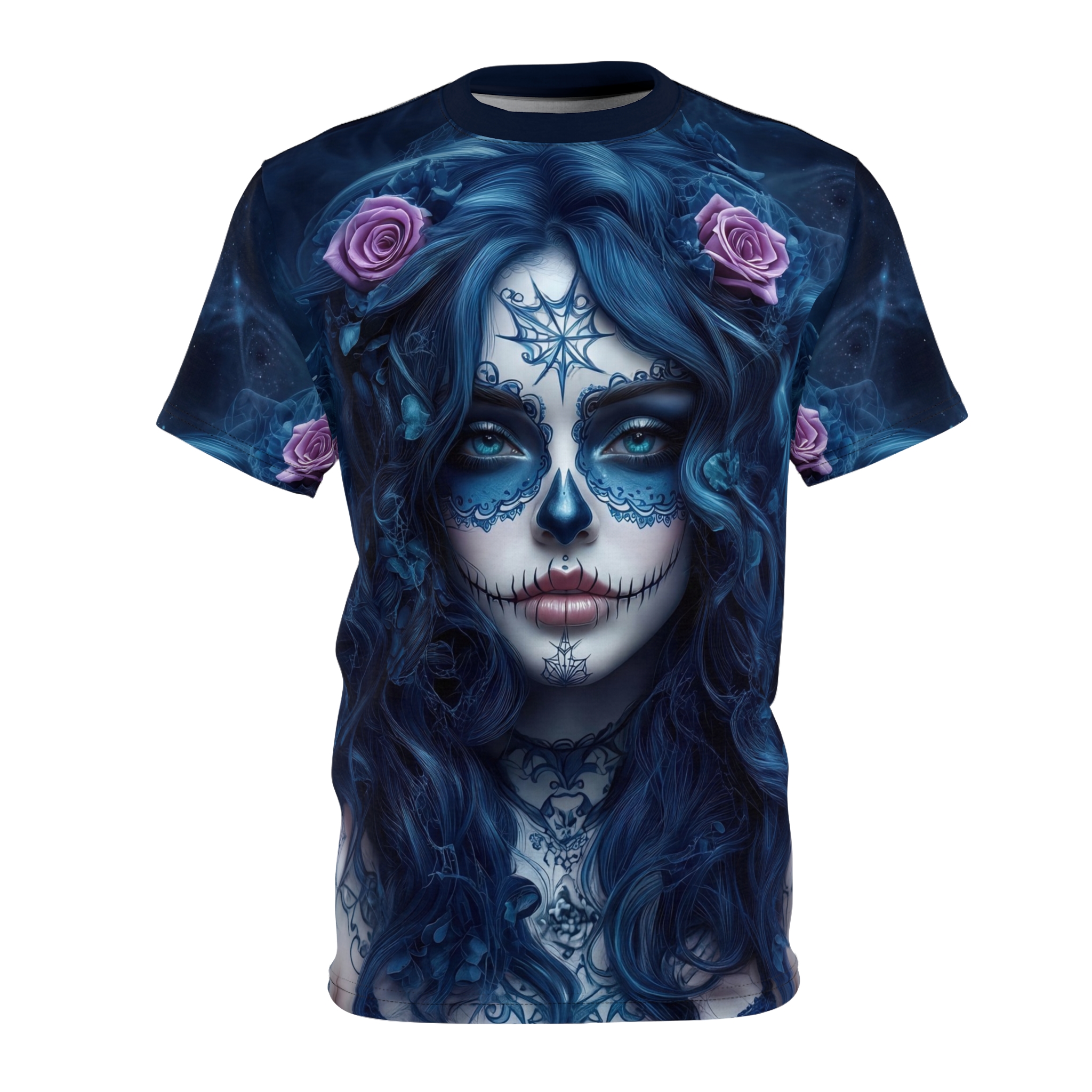 Blue gothic sugar skull artwork adorns this tee with a seamless pattern that covers every inch of the fabric from the neckline to the hem.