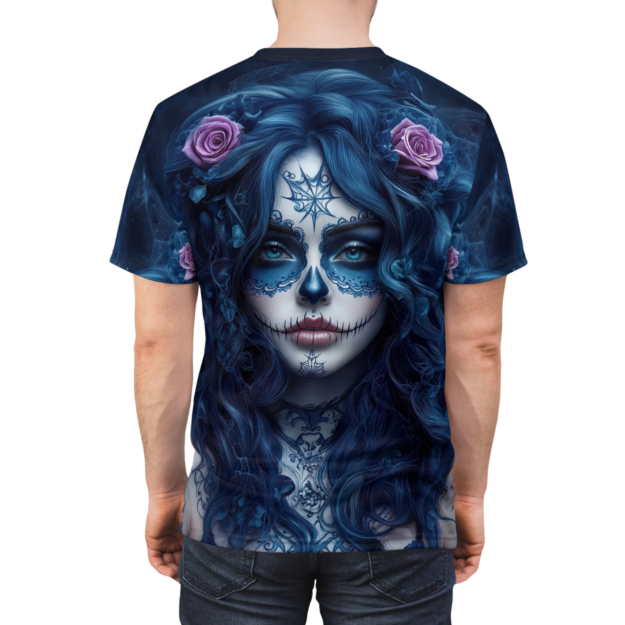 Blue sugar skull La Catrina and gothic roses cover every inch of this garment with a seamless pattern that flows across the fabric from seam to seam.