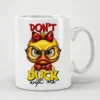 Glossy white ceramic mug features a vibrant, fuzzy yellow duckling wearing red polka-dot bows and black-rimmed glasses with a sarcastic text graphic.