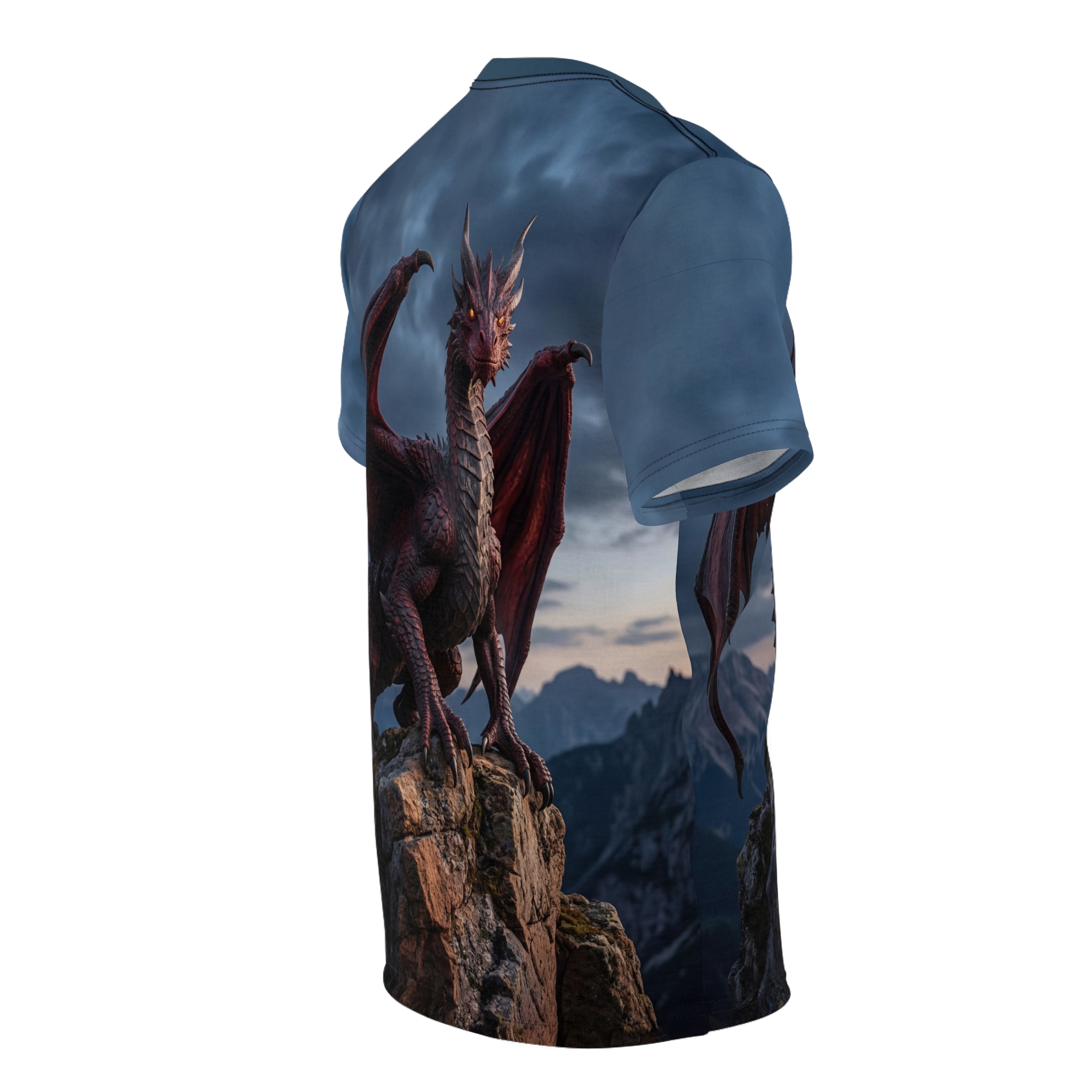Majestic red dragon perched on a craggy mountain peak wraps around this garment with an all-over print covering every inch of the fabric from seams to sleeves.
