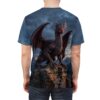 Dark red dragon perched on a rock, with a stormy sky background. This is an all over print t-shirt.