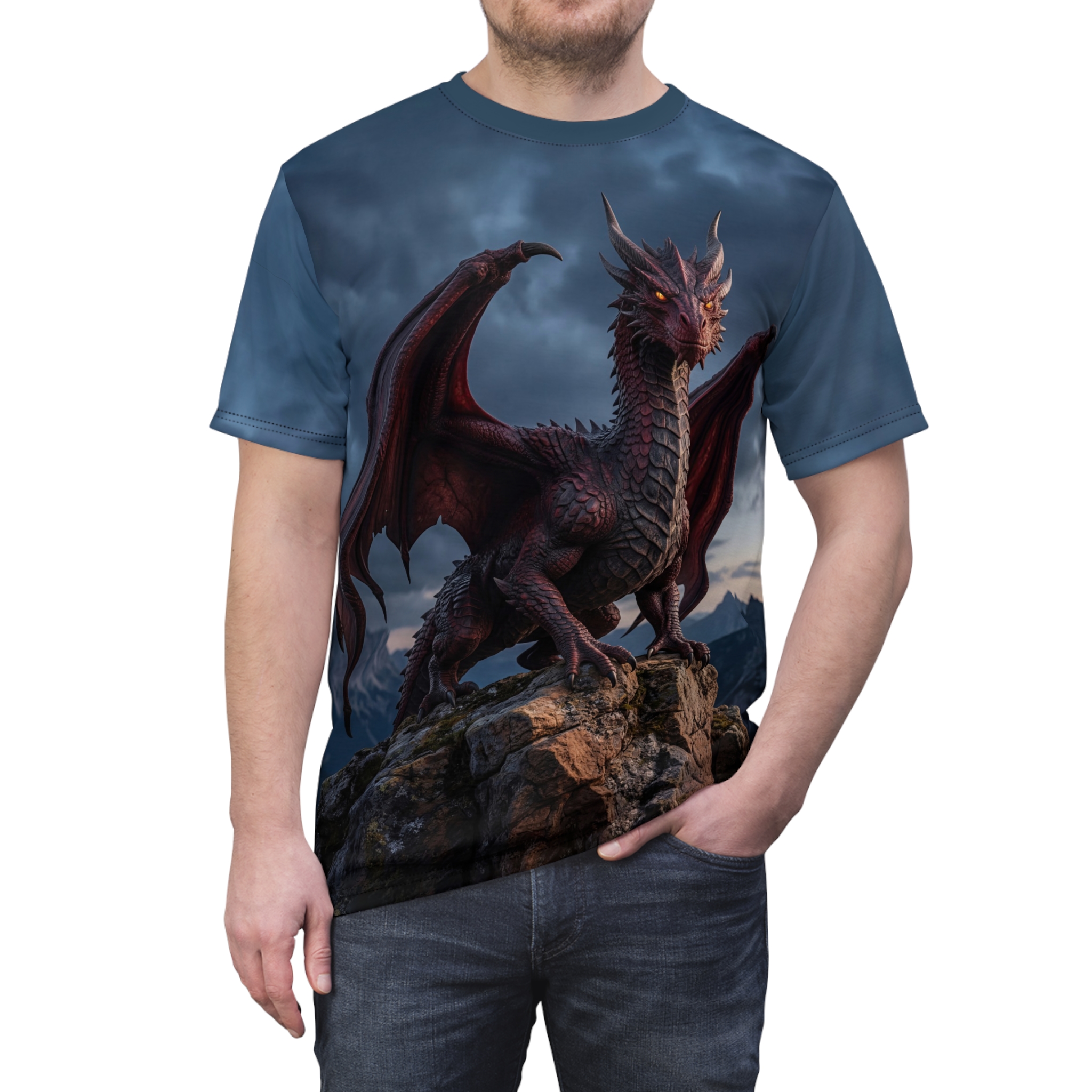 Majestic red dragon perched on a craggy peak spans this shirt with an all-over print that wraps the high-definition fantasy artwork across every fabric panel.