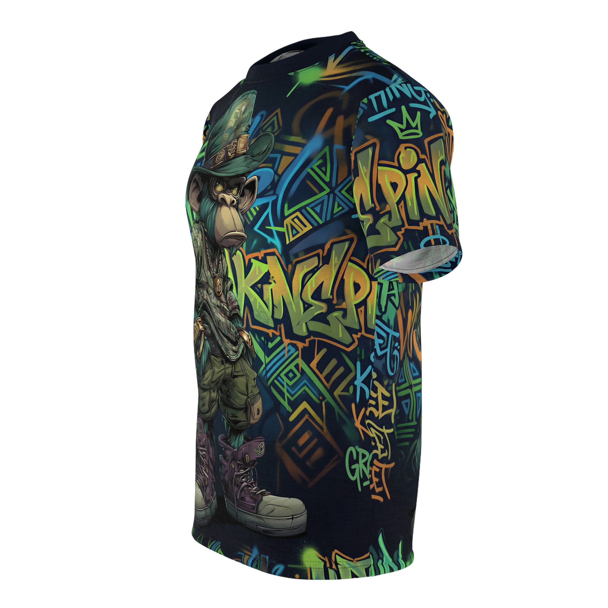 Vibrant graffiti artwork featuring a monkey in a hat and belt wraps around this tee with a 360-degree graphic that covers every inch of the fabric.