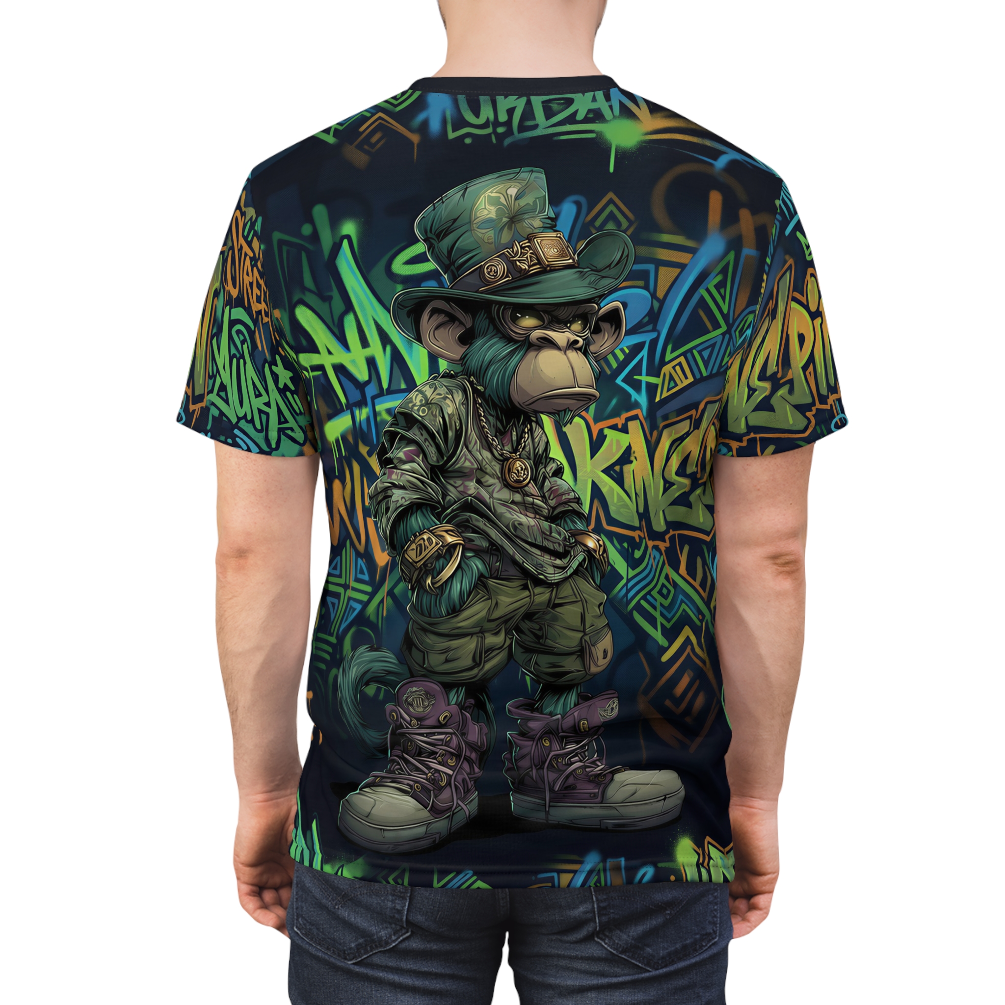 Green and blue graffiti art adorns this all over print t-shirt featuring a cool monkey in a hat and streetwear.