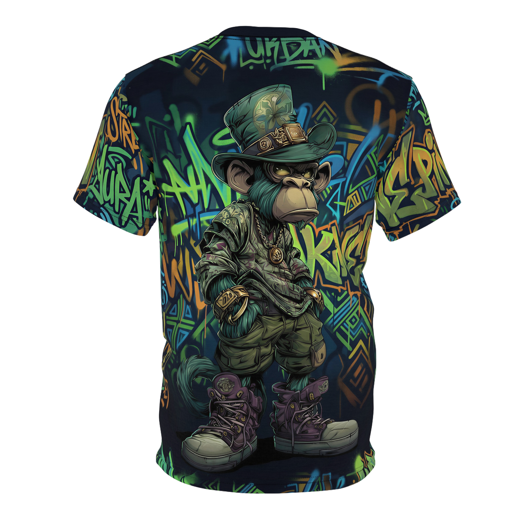 Vibrant graffiti art coats every inch of this garment in a 360-degree graphic, depicting a street-smart monkey in a hat, gold belt, and sneakers.