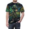 Vibrant graffiti art coats every inch of this 360-degree graphic tee, showcasing a monkey in a top hat and street gear across the entire garment surface.