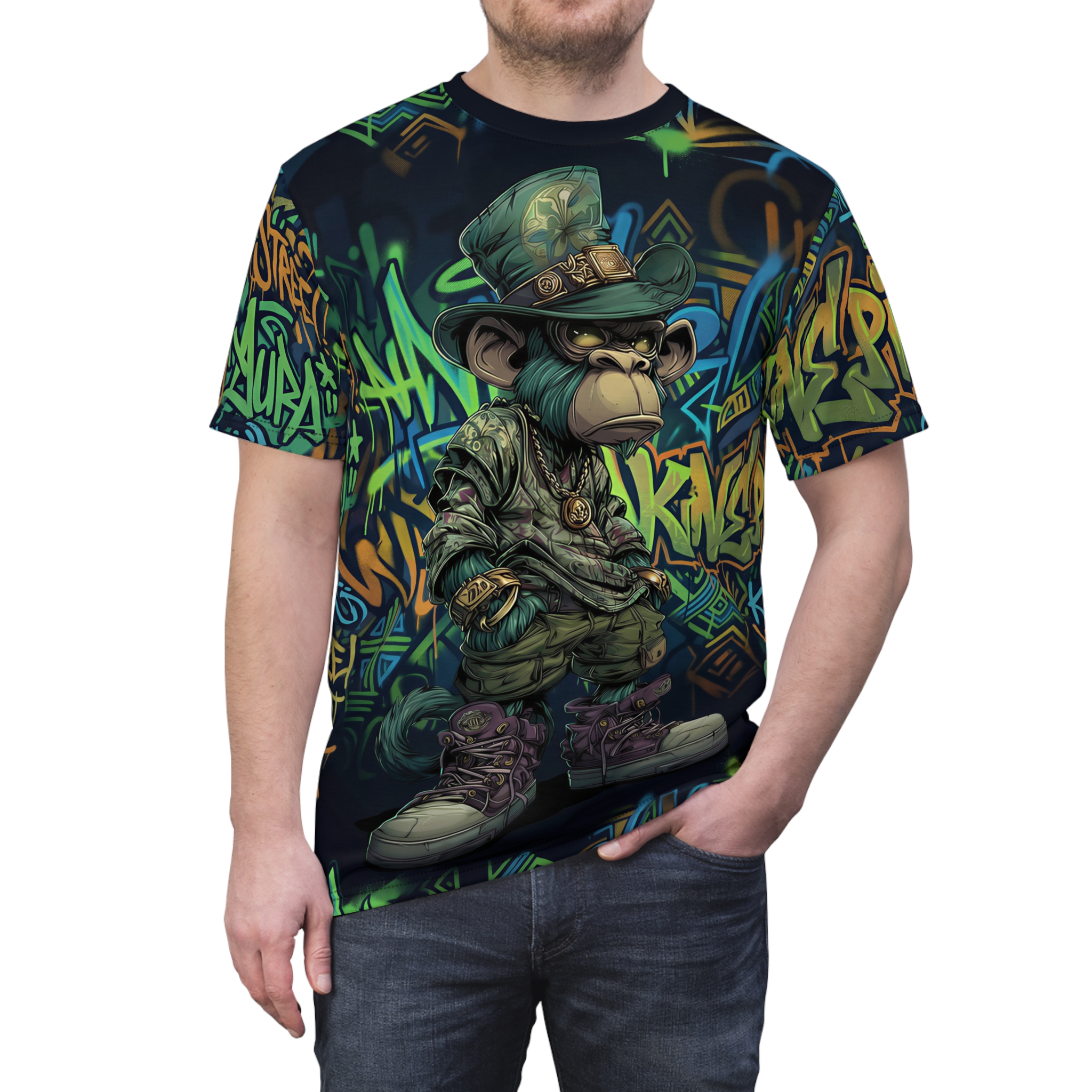 Vibrant graffiti art coats every inch of this 360-degree graphic tee, showcasing a monkey in a top hat and street gear across the entire garment surface.