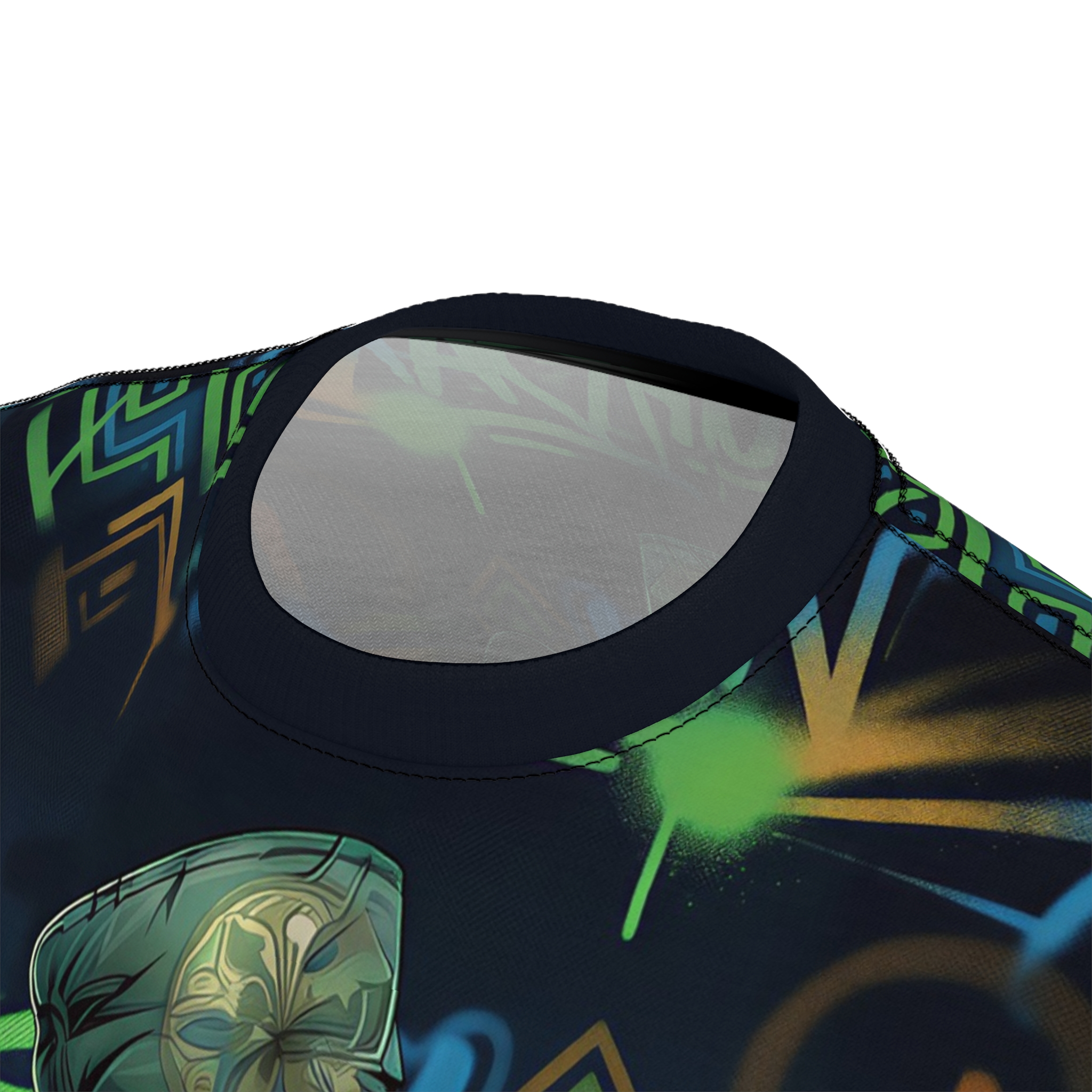 Vibrant graffiti monkey characters and neon spray paint markings create a bold 360-degree graphic that flows seamlessly across every inch of this streetwear tee.