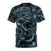 Light blue and black abstract multi-eye skull patterns cover this all over print t-shirt.