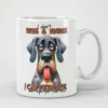 A white mug with a cartoon of a droopy-eyed Great Dane and sarcastic text about mornings.