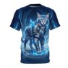 Armored frost cat imagery wraps the entire garment in a vibrant 360-degree graphic, depicting a feline warrior encased in glowing ice shards and metal plating.