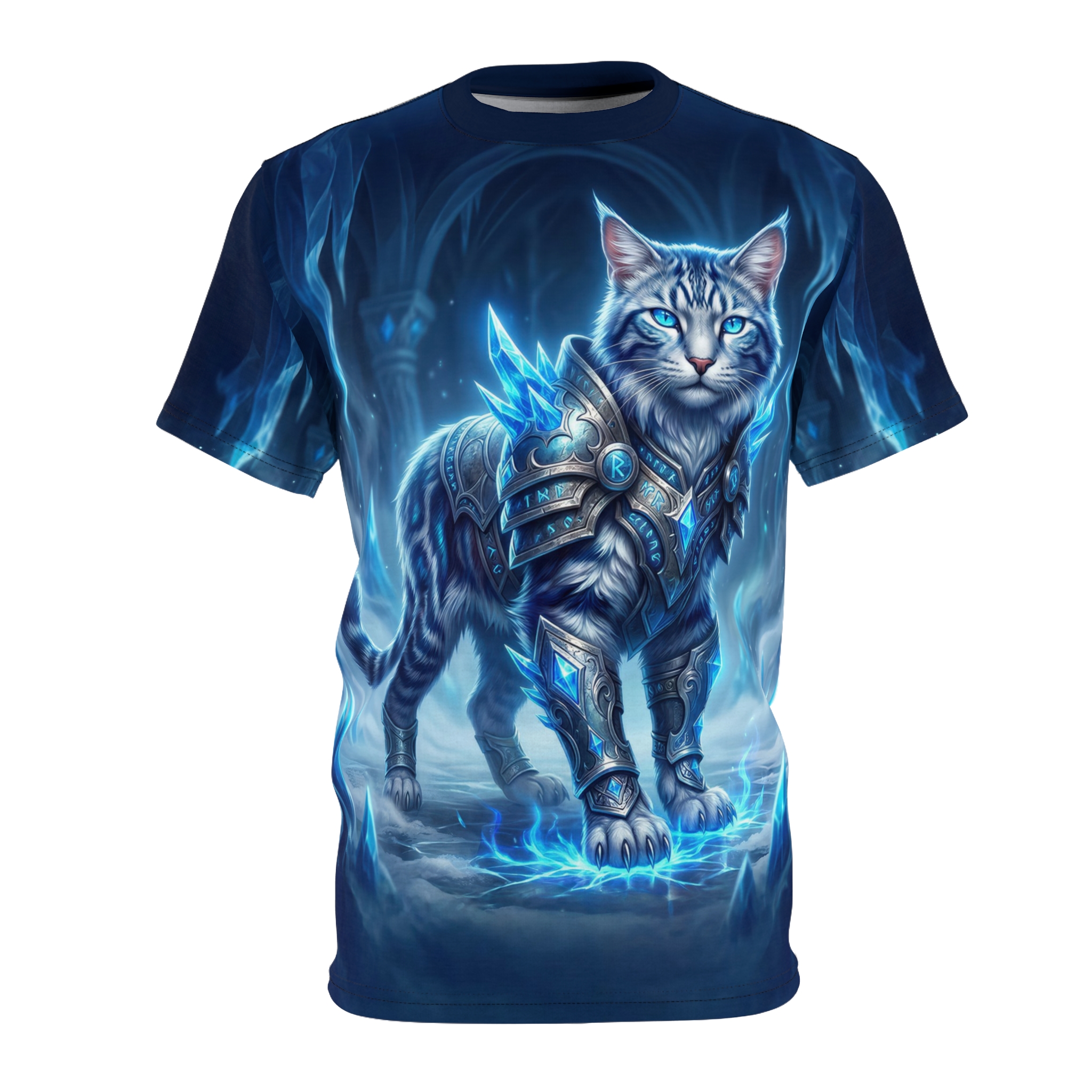 Armored frost cat imagery wraps the entire garment in a vibrant 360-degree graphic, depicting a feline warrior encased in glowing ice shards and metal plating.