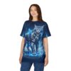 Frost-covered feline warriors in glowing blue armor blanket this tee with an all-over print that extends edge-to-edge for a vibrant, immersive display.