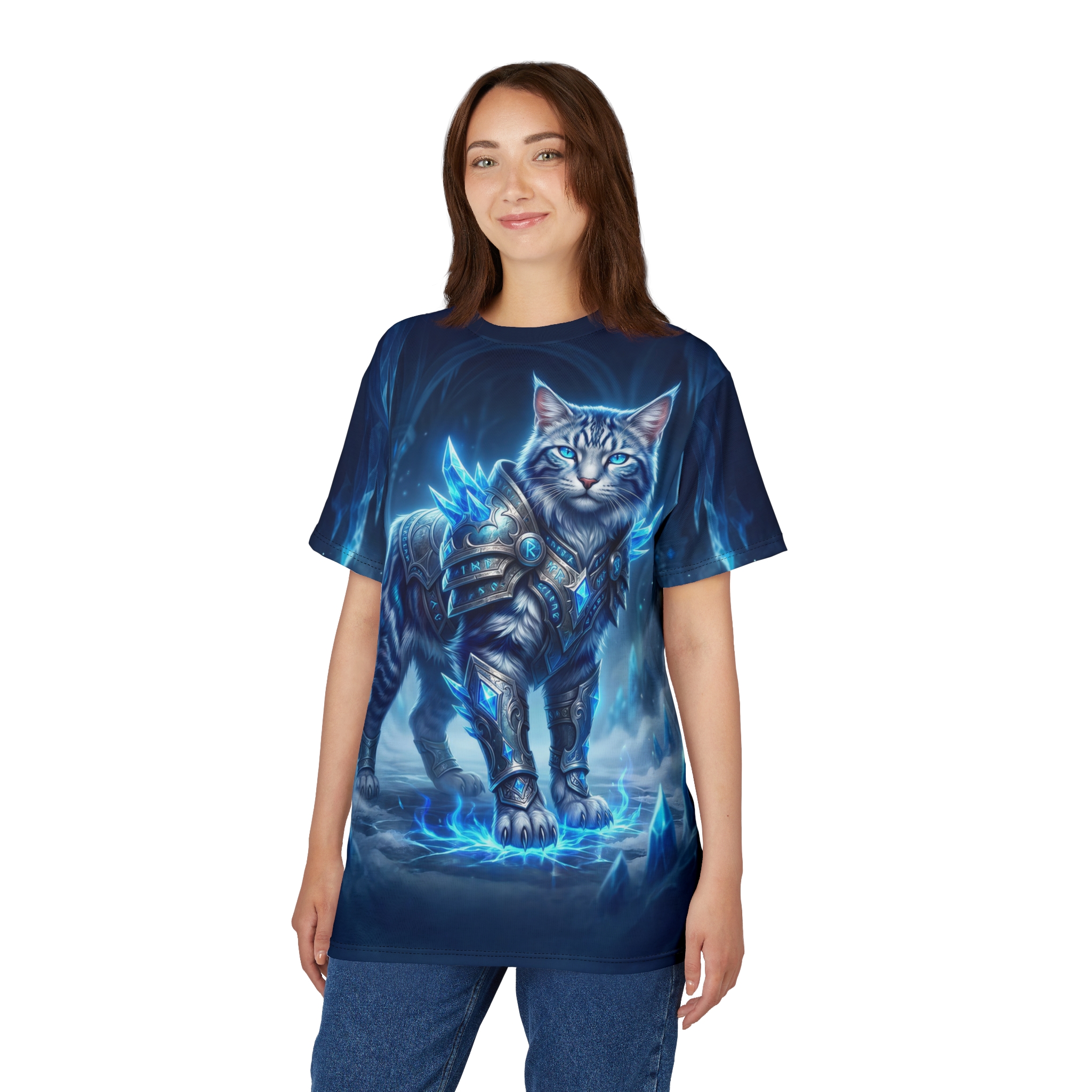 Frost-covered feline warriors in glowing blue armor blanket this tee with an all-over print that extends edge-to-edge for a vibrant, immersive display.