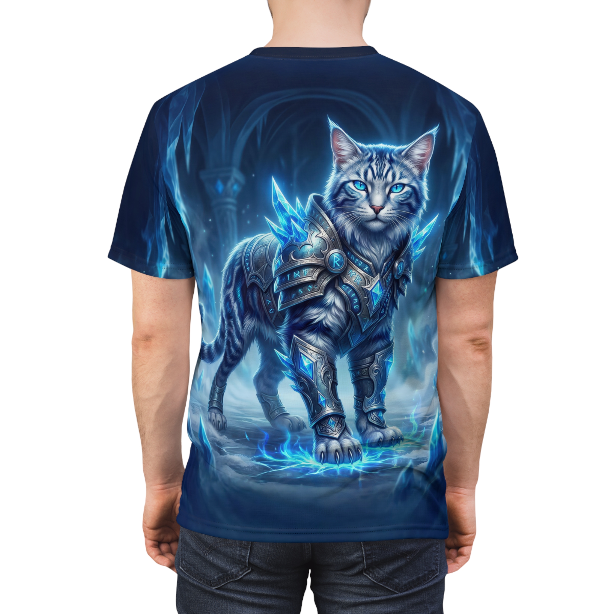 Frost-armored felines dominate this 360-degree graphic, which stretches across the entire surface of the garment for a bold, immersive fantasy display.