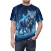 Icebound warrior cat in glowing armor dominates this 360-degree graphic t-shirt, spreading sharp crystalline details across the entire fabric surface.