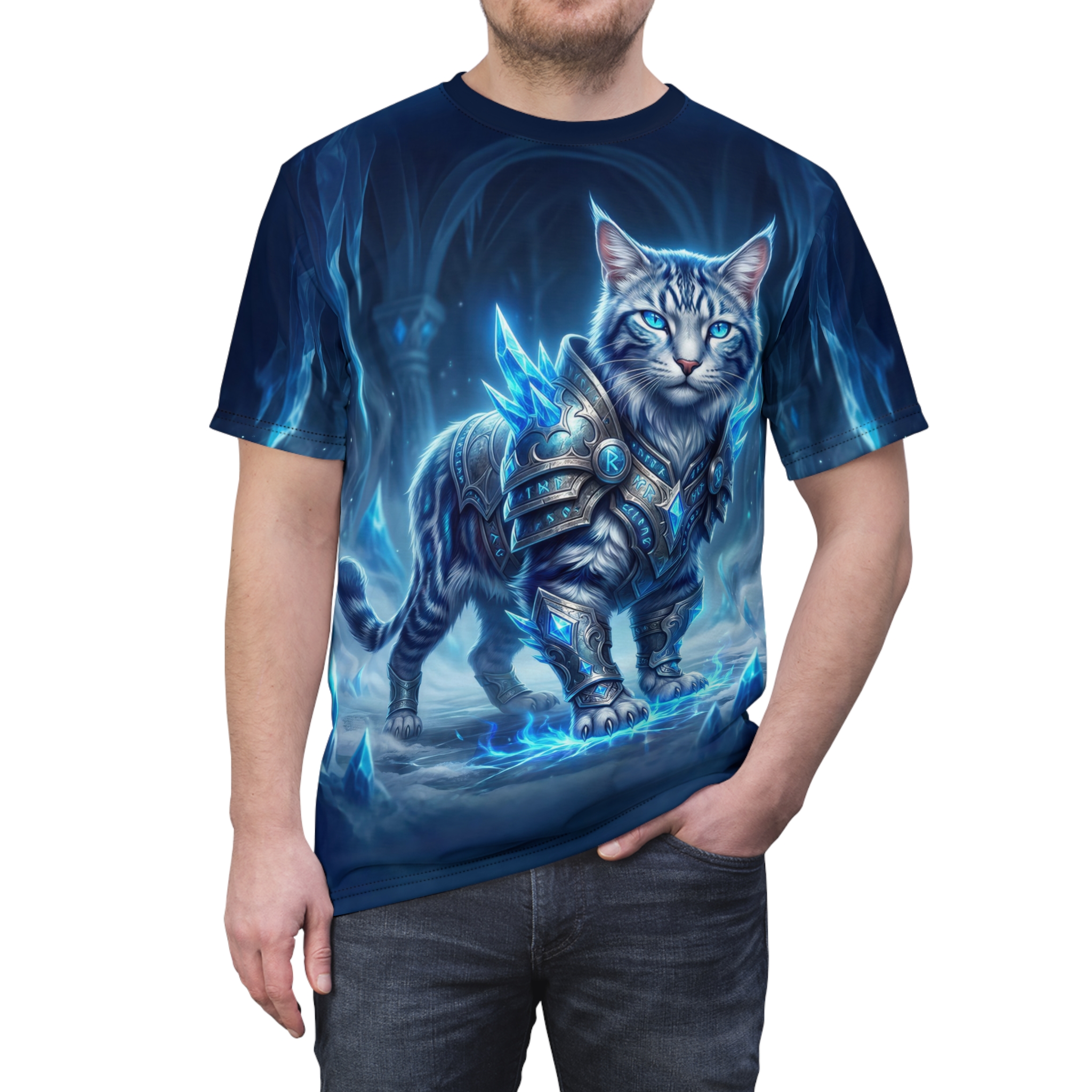 Icebound warrior cat in glowing armor dominates this 360-degree graphic t-shirt, spreading sharp crystalline details across the entire fabric surface.