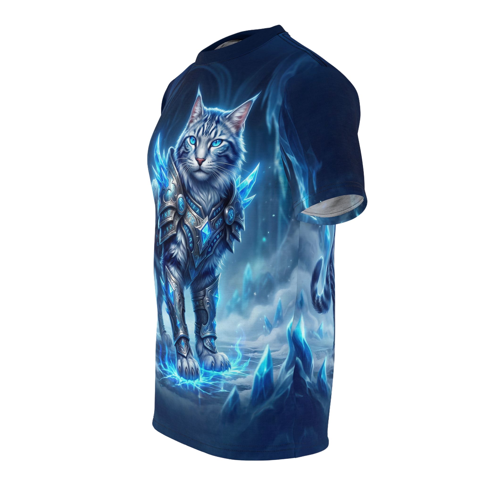 Armored frost cat imagery flows across this shirt in a vibrant all-over print, covering every inch from collar to hem with glowing icy battle gear.