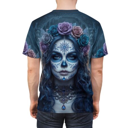 Premium La Catrina Day of the Dead Sugar Skull Tee — Floral Blue Calavera All-Over Print – soft all-over print unisex tee
