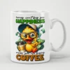 White ceramic mug with a humorous cartoon duck wearing glasses and a cap, holding coffee and surrounded by money.