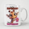White ceramic mug with a cartoon giraffe holding a pink flower, text reads 