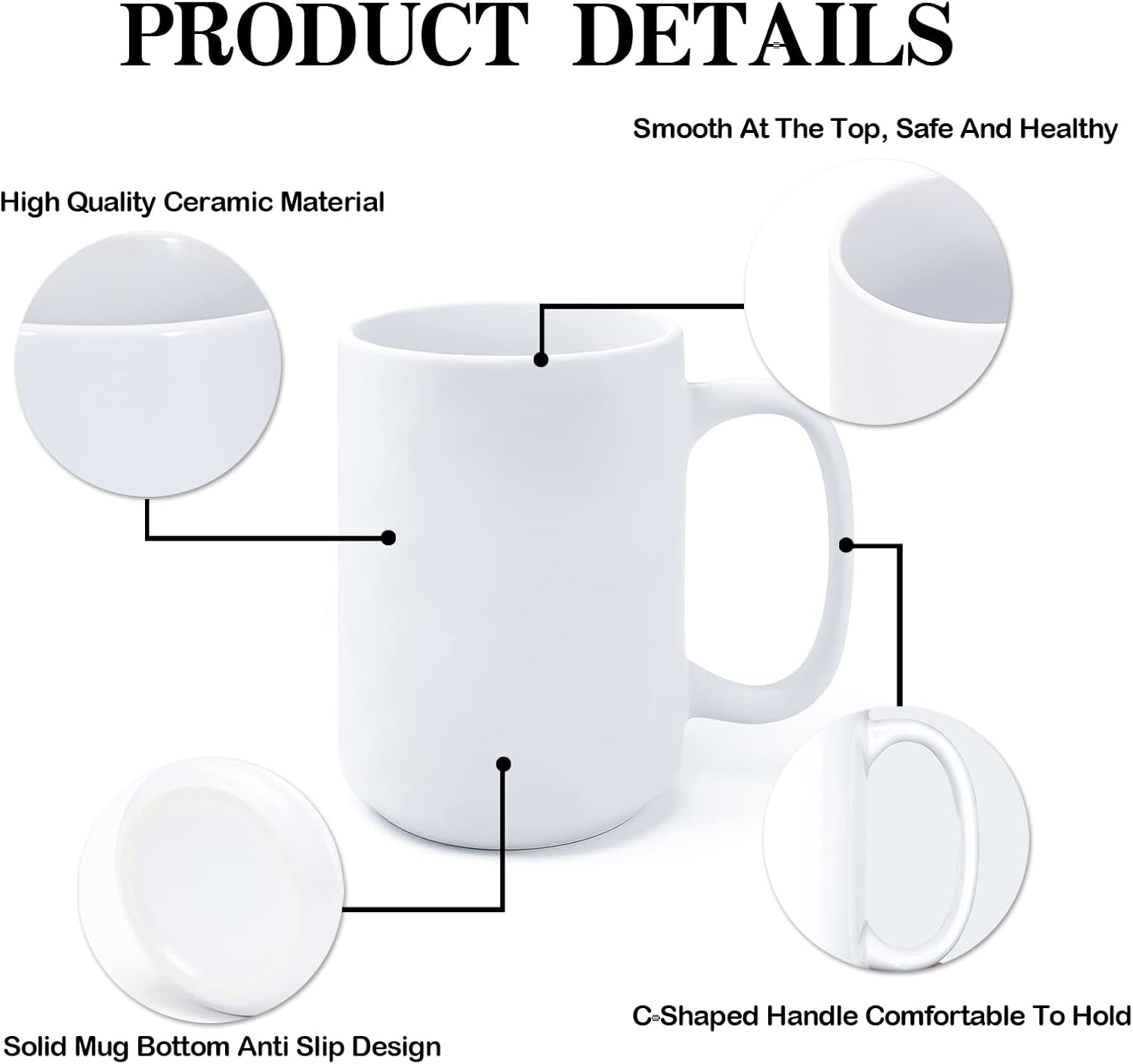 Bright white ceramic material forms this smooth, durable mug featuring a comfortable C-shaped handle and a solid anti-slip bottom for steady daily use.