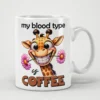 White ceramic mug with a cartoon giraffe holding pink flowers in its mouth and the text 