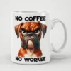 White ceramic mug with a grumpy Boxer dog illustration and text.