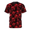Vivid red skulls wearing headphones create a seamless pattern that covers the entire surface of this gothic t-shirt for a bold, continuous visual impact.