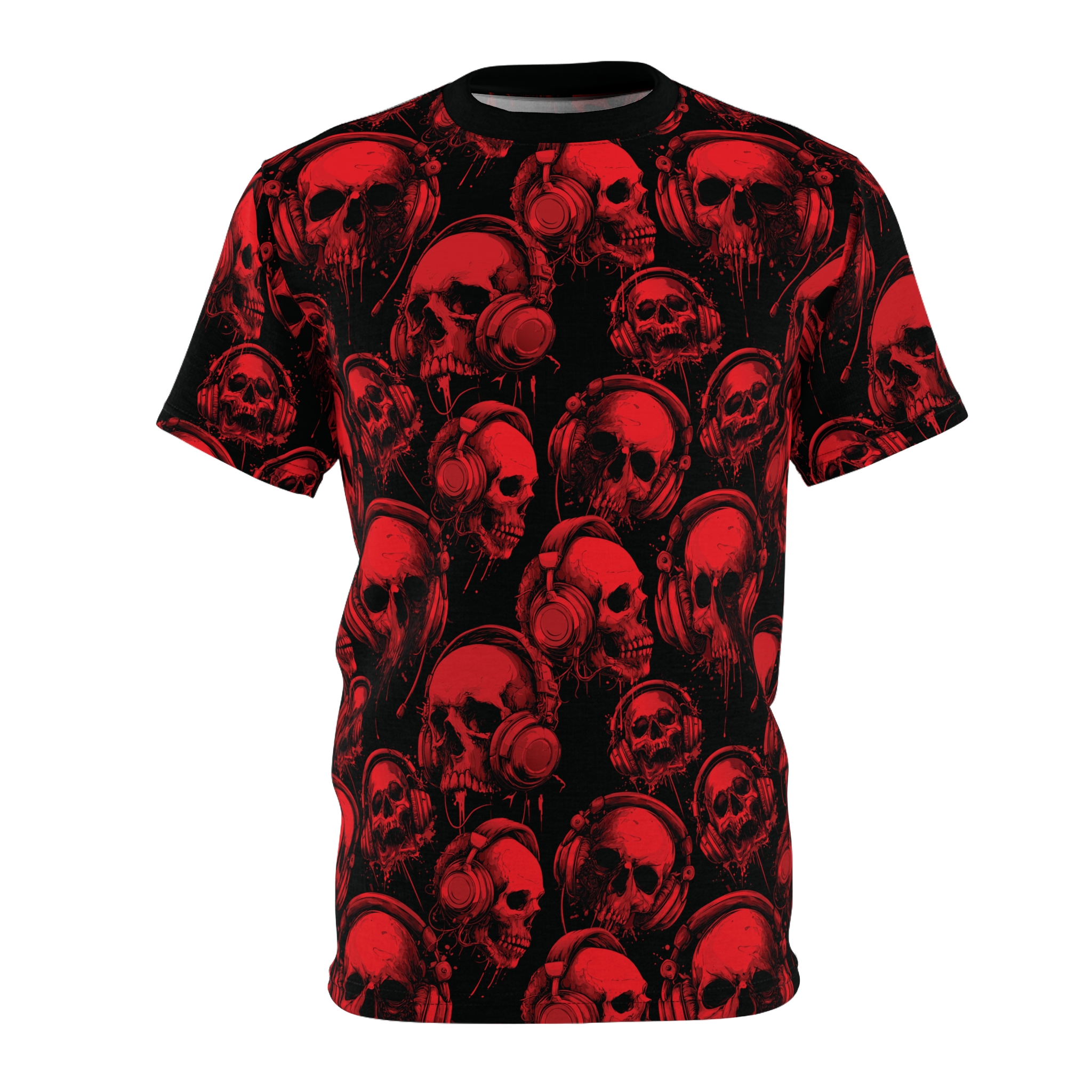 Vivid red skulls wearing headphones create a seamless pattern that covers the entire surface of this gothic t-shirt for a bold, continuous visual impact.