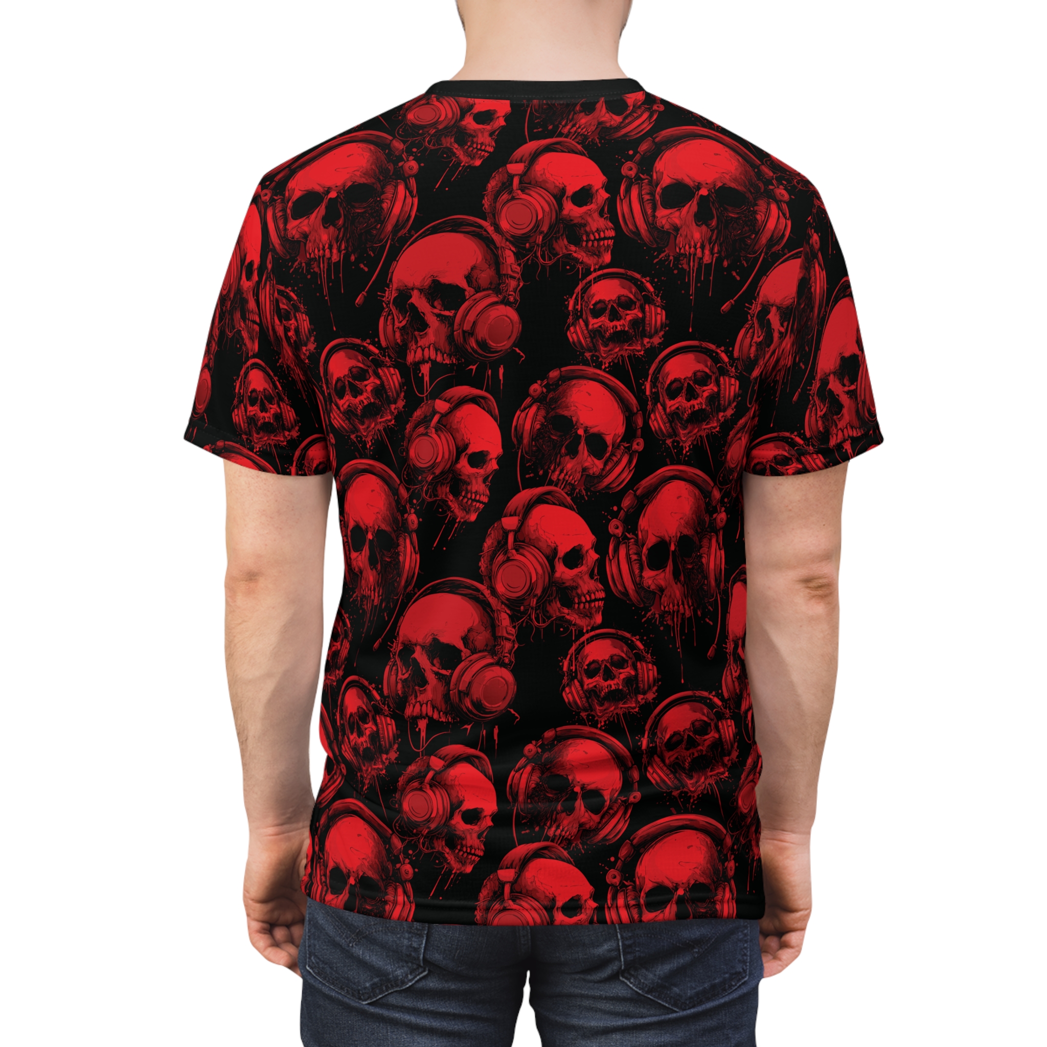Crimson skulls wearing headphones saturate this gothic shirt with a bold 360-degree graphic that flows continuously across every inch of the fabric.