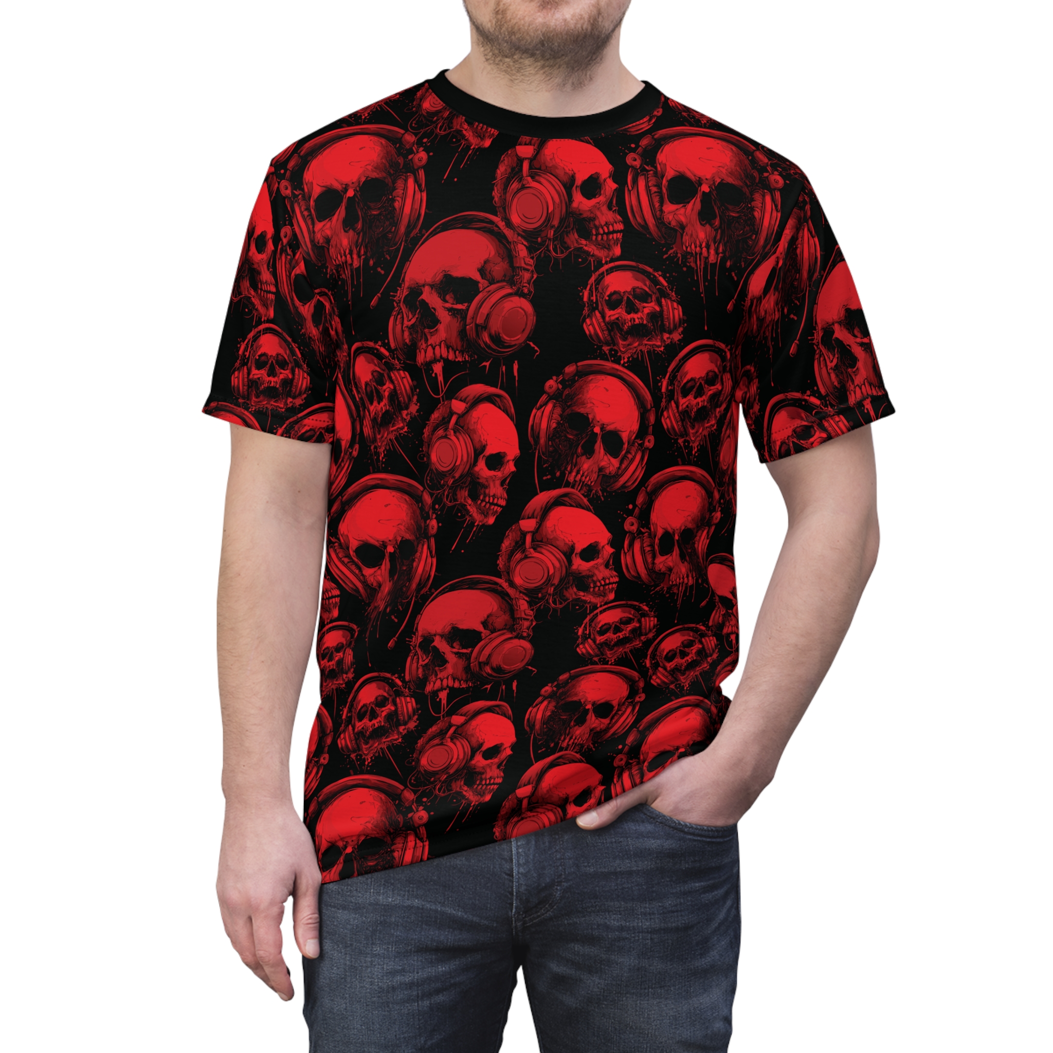 Red skulls with headphones are printed all over this black t-shirt, featuring a gothic aesthetic.