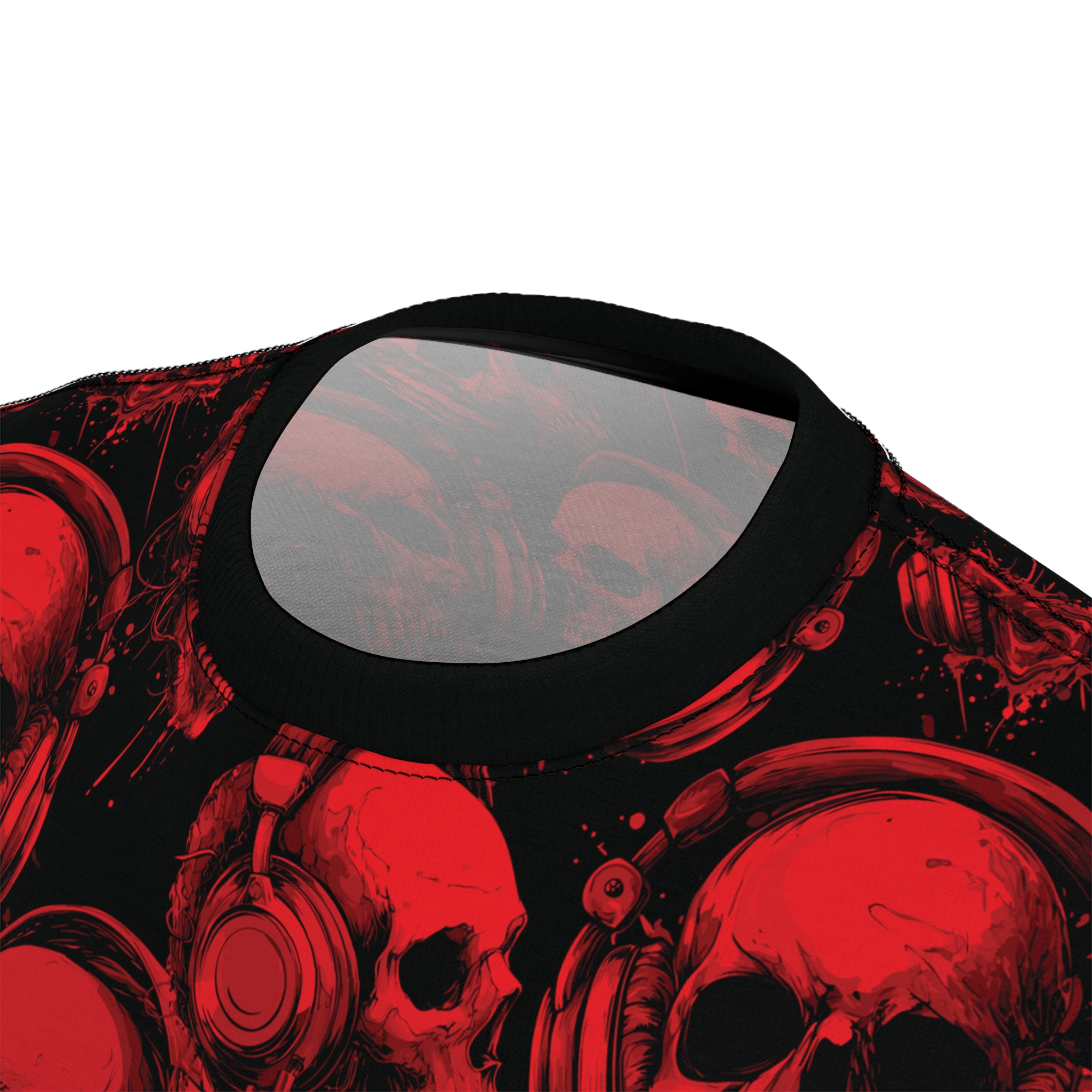 Vivid red skulls with headphones on a black background, an all over print t-shirt.