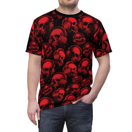 Red Skull Headphones Tee — All-Over Print Gothic Skull T-Shirt