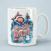 White ceramic mug with a vibrant Christmas graphic of a joyful child in a Santa hat, surrounded by trees, a snowman, and festive lights.
