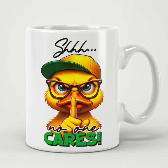 Witty Shhh... No One Cares Sarcastic Duck Mug with bold sarcastic design
