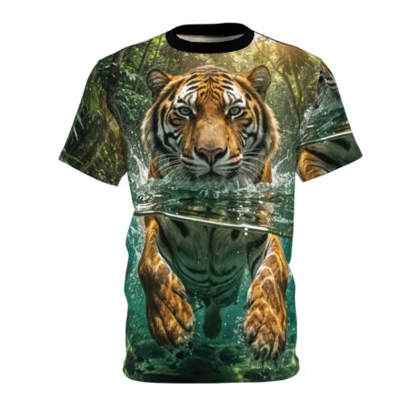Stylish Tiger Diving Graphic Tee — Jungle Wildlife All-Over Print Shirt – durable everyday unisex apparel