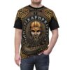 Viking warrior helmet graphics and golden Norse knotwork flow seamlessly across the fabric in this vibrant all-over print design.
