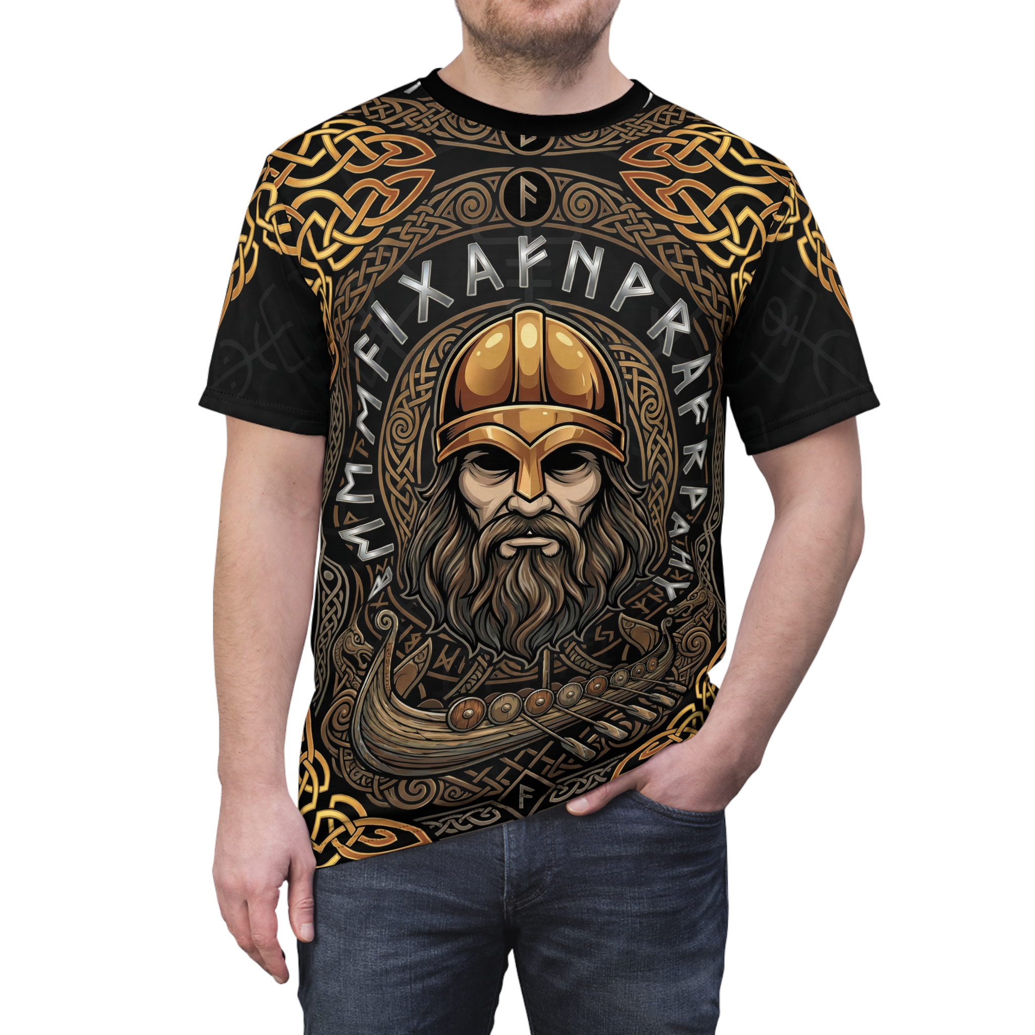 Viking warrior helmet graphics and golden Norse knotwork flow seamlessly across the fabric in this vibrant all-over print design.