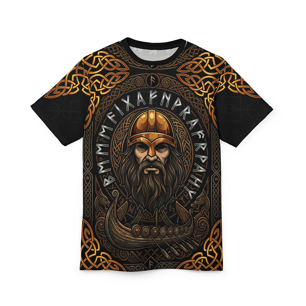 Intricate Norse runes and a fierce Viking warrior helmet design wrap around this shirt with a high-definition all-over print covering every inch of fabric.